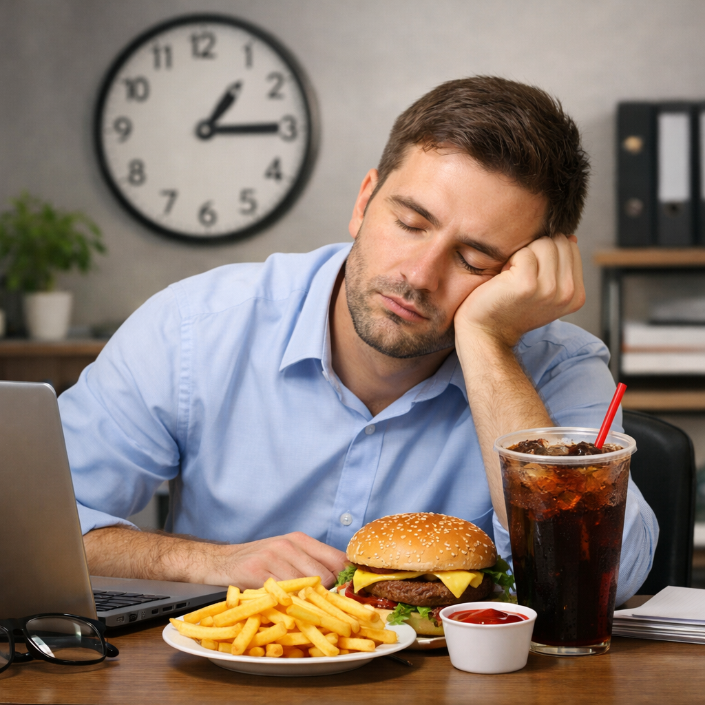 Mann im Büro müde nach dem Mittagessen mit Burger und Cola – typisches Mittagstief
