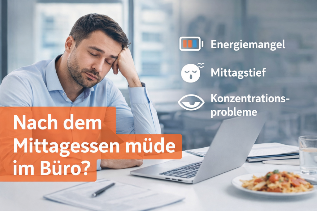 Mann im Büro müde nach dem Mittagessen mit Burger und Cola – typisches Mittagstief