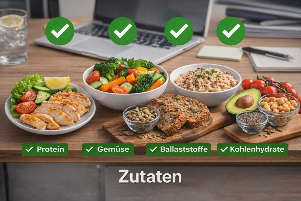 Lebensmittel für ein ausgewogenes Mittagessen ohne Müdigkeit am Nachmittag