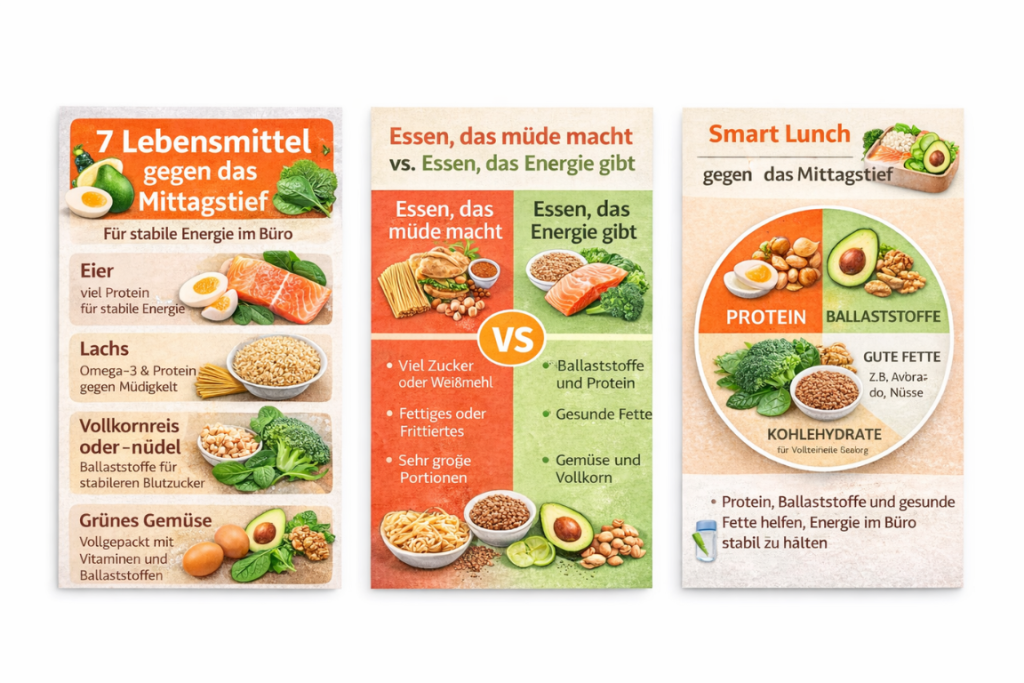 Lebensmittel gegen das Mittagstief mit Protein Ballaststoffen und gesunden Fetten