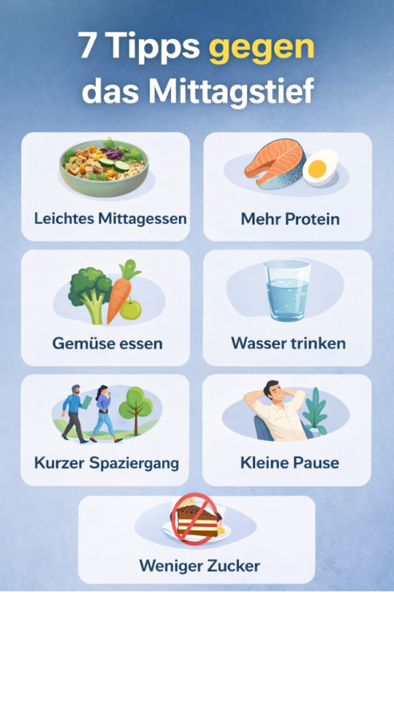 7 Tipps gegen das Mittagstief im Büro – leichtes Mittagessen, mehr Protein, Gemüse essen, Wasser trinken, Spaziergang und weniger Zucker