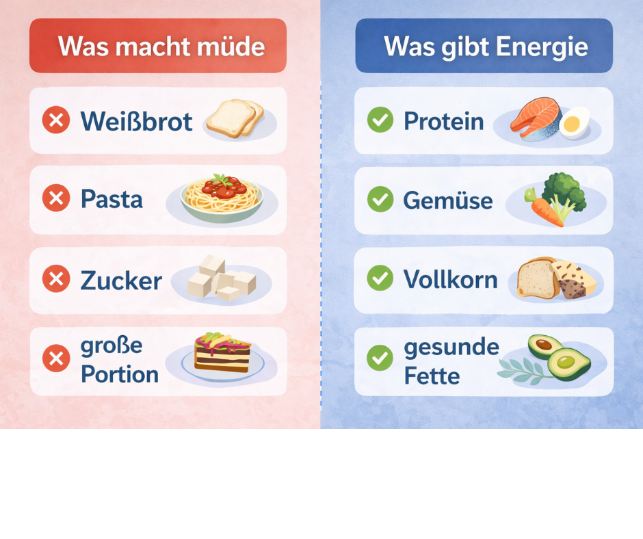 Vergleich von Lebensmitteln gegen das Mittagstief: Weißbrot, Pasta, Zucker und große Portionen machen müde – Protein, Gemüse, Vollkorn und gesunde Fette geben Energie