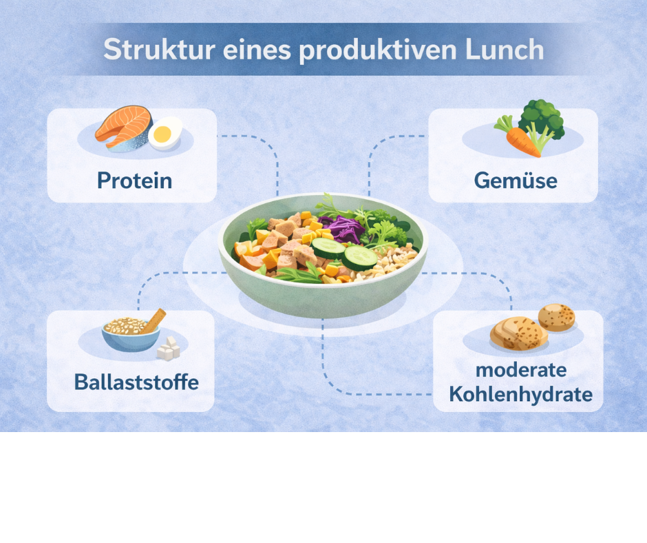 Struktur eines produktiven Lunch gegen das Mittagstief mit Protein, Gemüse, Ballaststoffen und moderaten Kohlenhydraten